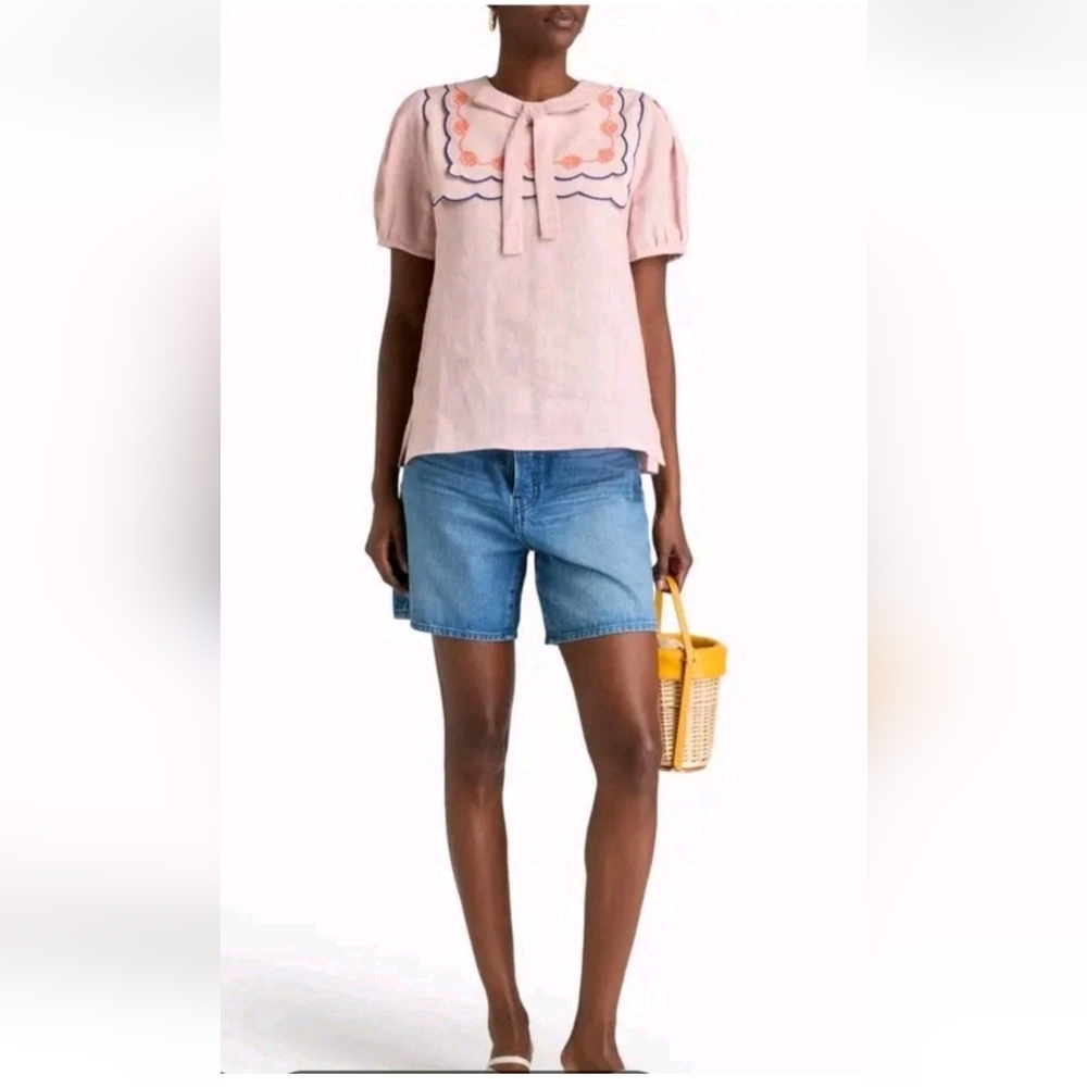 SALONI Marlowe Embellished Linen Top Peach/Pink Women's Size 6 NWT - Picture 3 of 15
